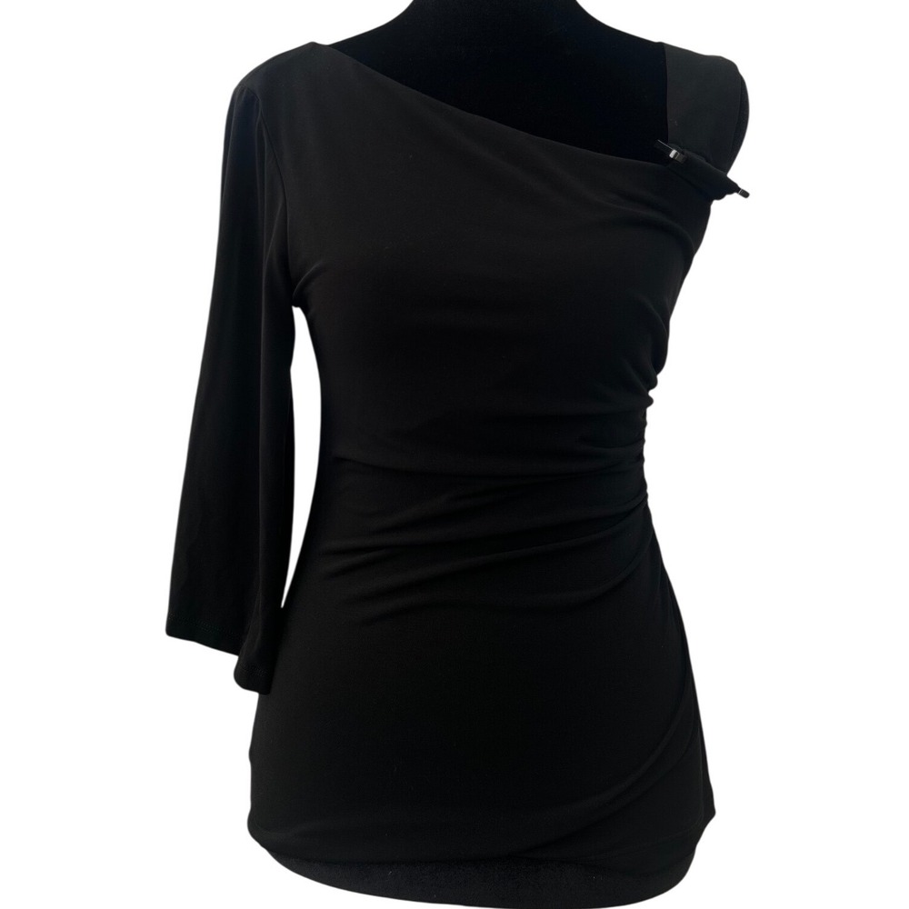 Cache Black One Shoulder Ruched Asymmetrical Top with Buckle Detail Small
